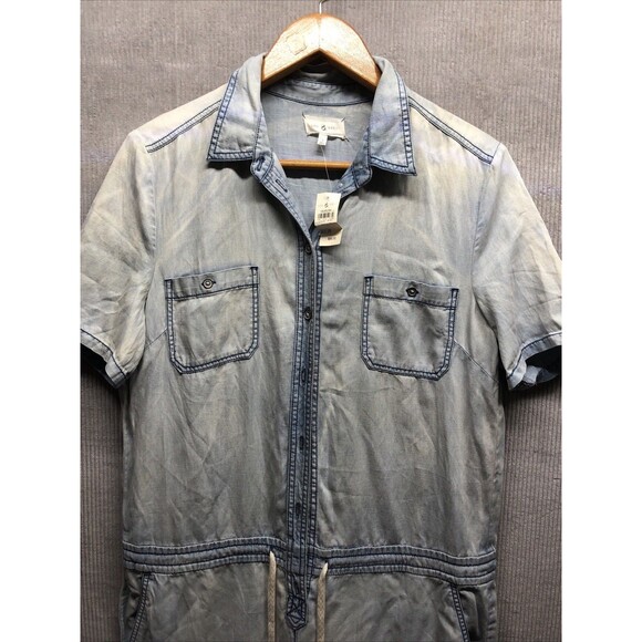 Lou & Grey Jumpsuit Size Large Denim Chambray Button Up Pockets Short Sleeves - Picture 1 of 16